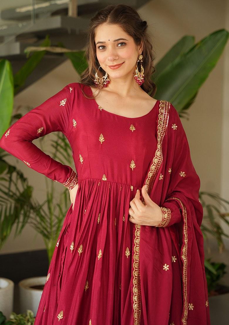 Maroon Embroidered Blended Gown With Dupatta - Indya