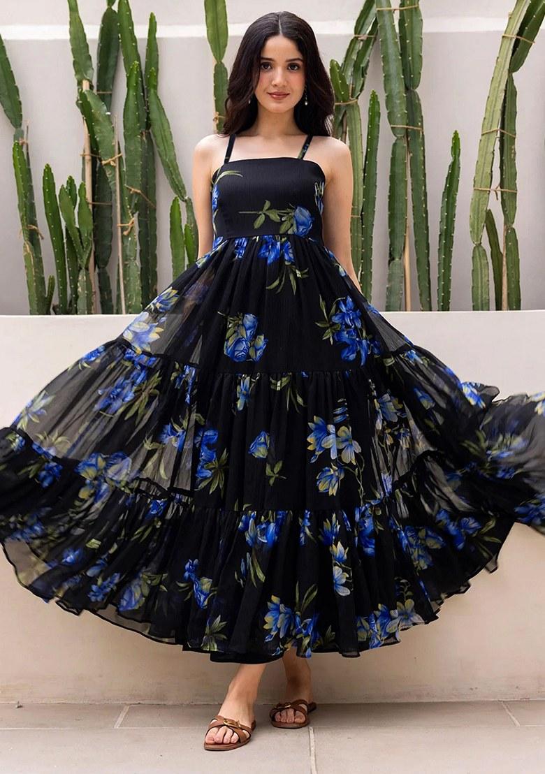 Black Embroidered Blended Kurta - Indya