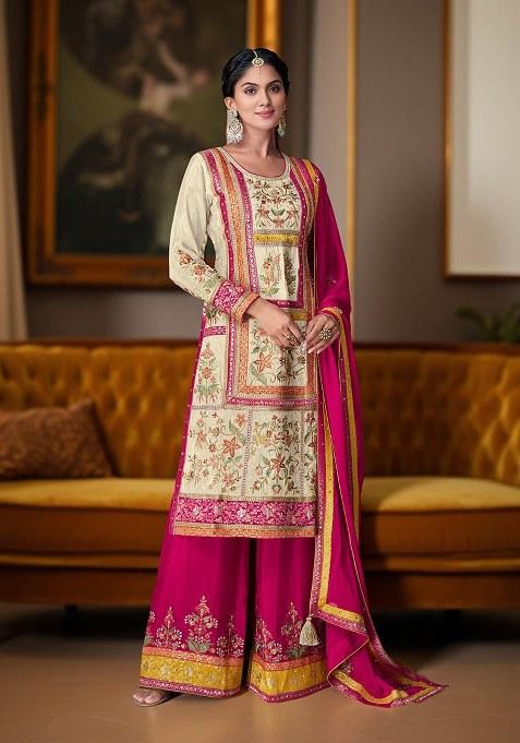 Pink Embroidered Blended Kurta Set