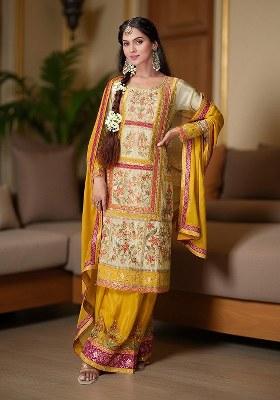Yellow Embroidered Blended Kurta Set