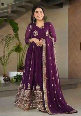 Purple Embroidered Blended Gown With Dupatta