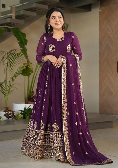 Purple Embroidered Blended Gown With Dupatta