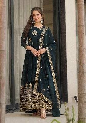 Blue Embroidered Blended Gown With Dupatta