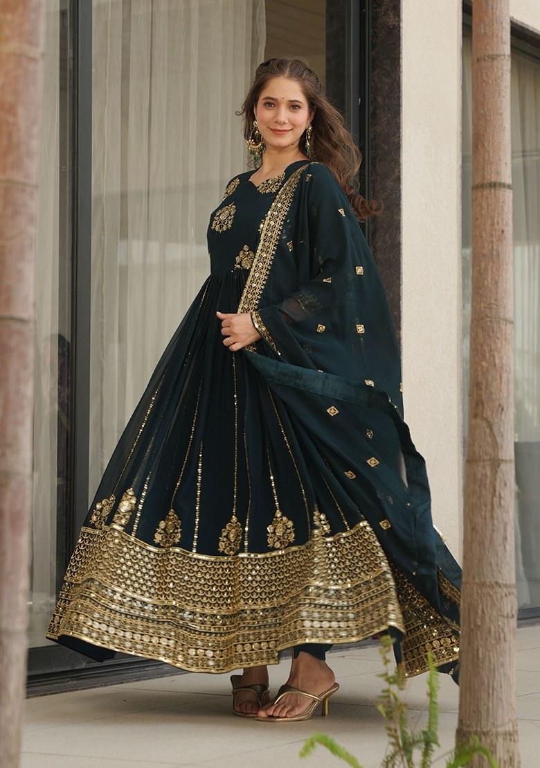 Blue Embroidered Blended Gown With Dupatta - Indya