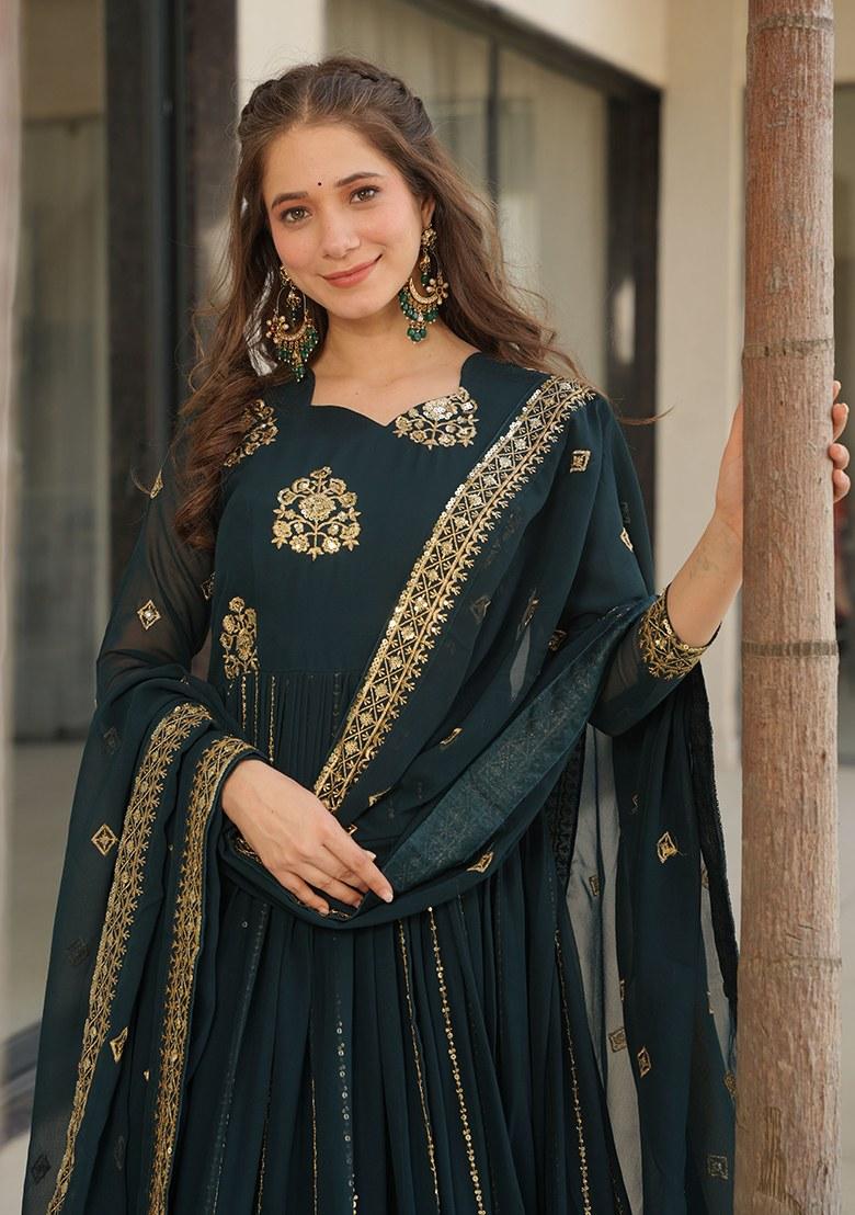 Blue Embroidered Blended Gown With Dupatta - Indya