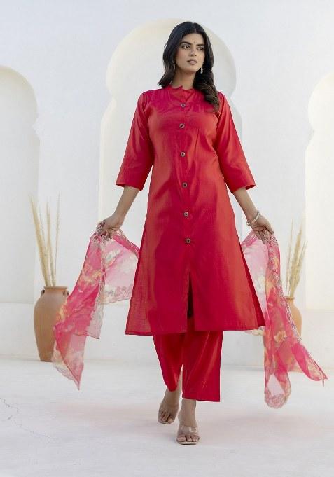 Pink Solid Blended Straight Kurta Set