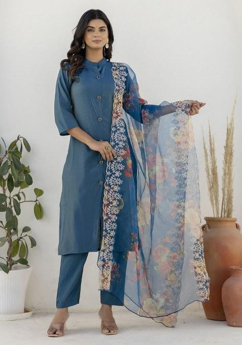 Blue Embroidered Blended Kurta Set
