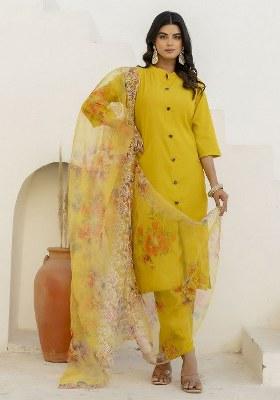 Yellow Embroidered Blended Kurta Set