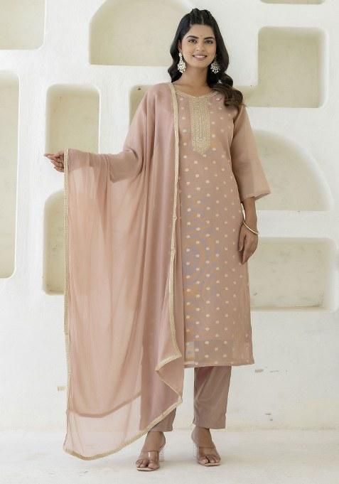 Peach Embroidered Blended Kurta Set