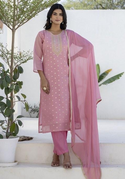 Pink Embroidered Blended Kurta Set