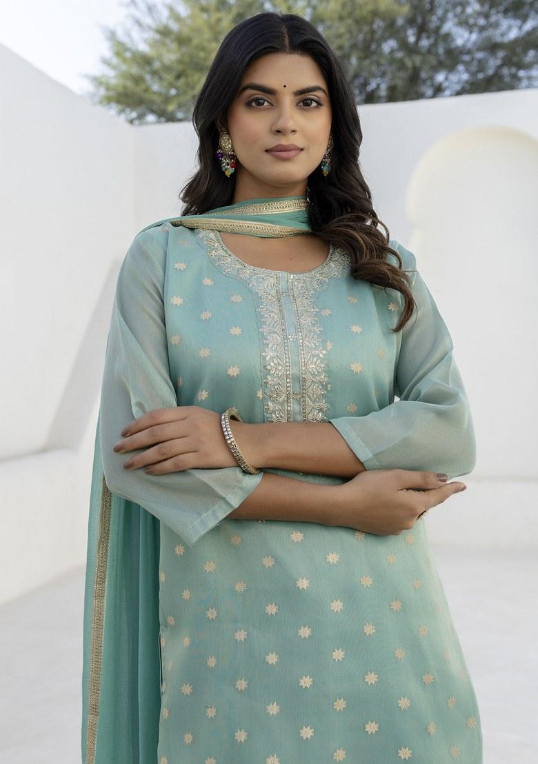 Green Embroidered Blended Kurta Set - Indya