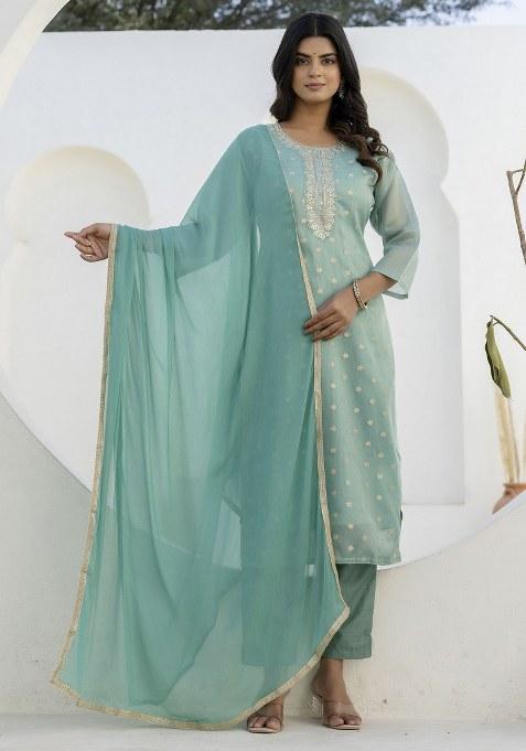 Green Embroidered Blended Kurta Set