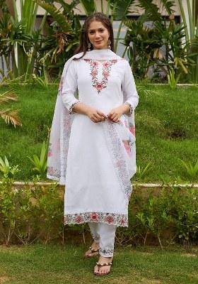White Embroidered Blended Kurta Set
