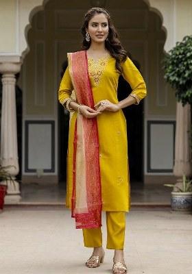 Yellow Embroidered Blended Kurta Set