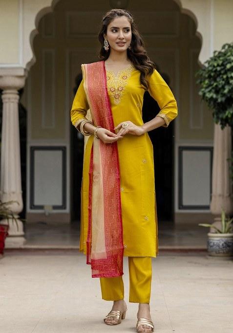 Yellow Embroidered Blended Kurta Set