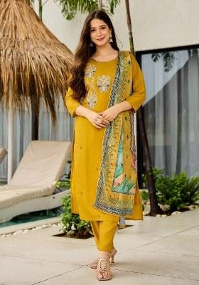 Yellow Embroidered Blended Kurta Set