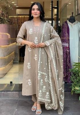 Beige Embroidered Blended Kurta Set