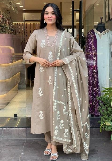 Beige Embroidered Blended Kurta Set