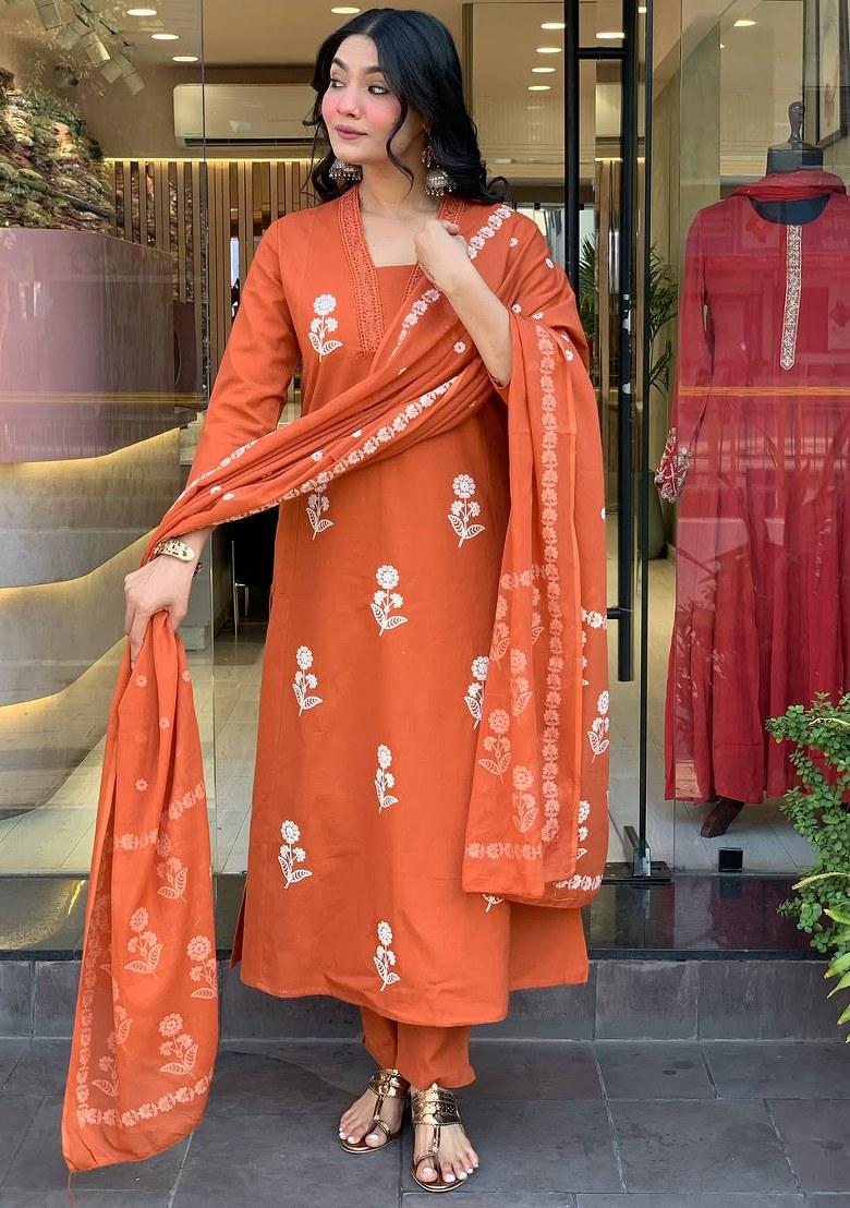 Orange Embroidered Blended Kurta Set - Indya