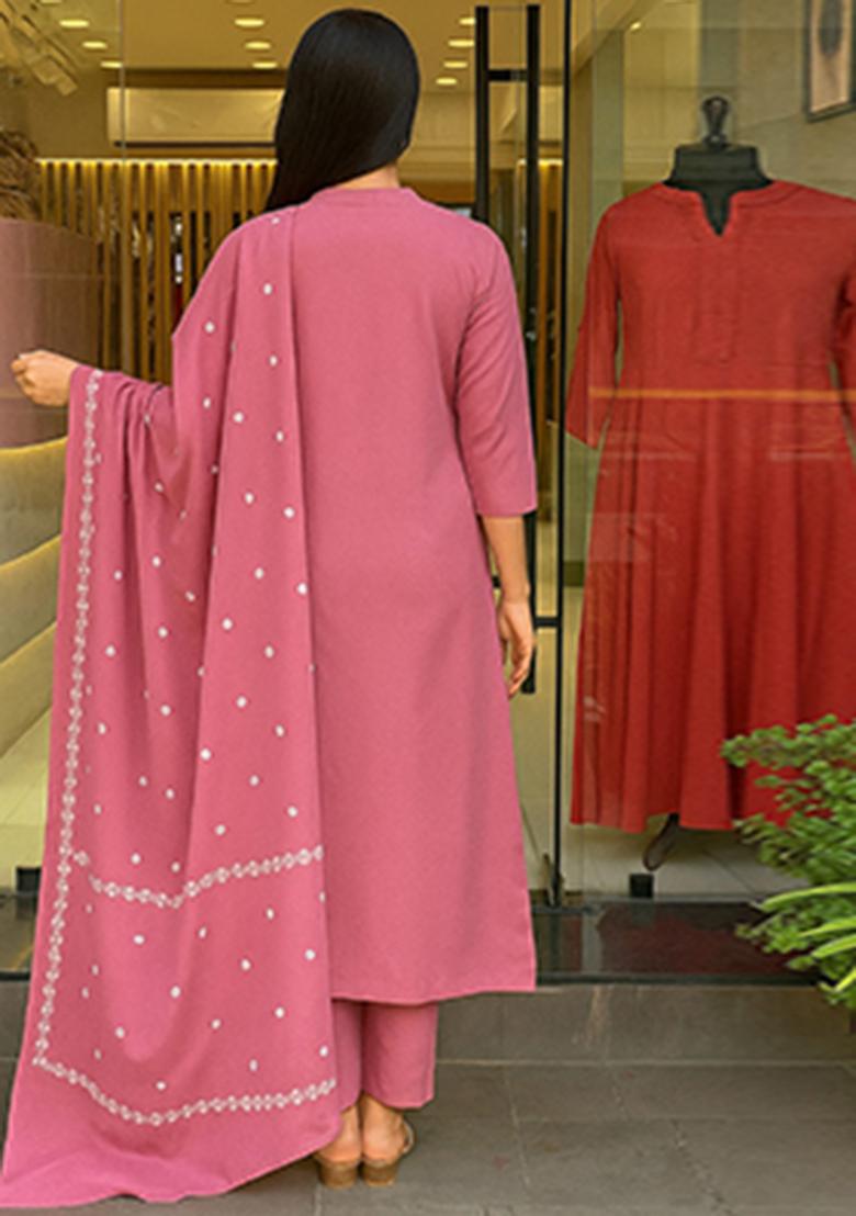 Peach Embroidered Blended Kurta Set - Indya