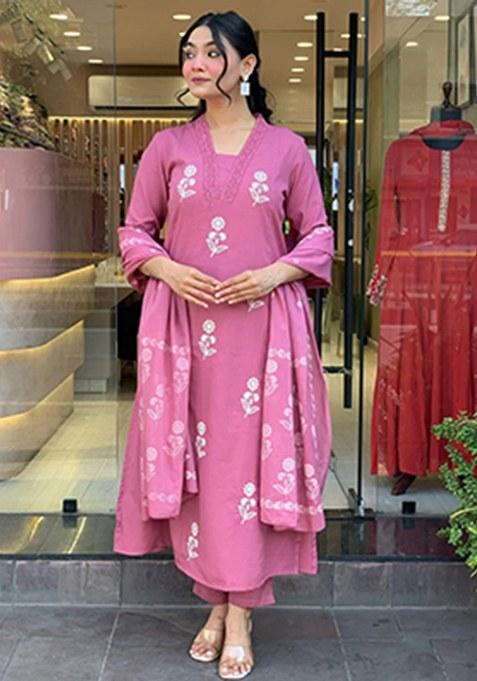Peach Embroidered Blended A Line Kurta Set