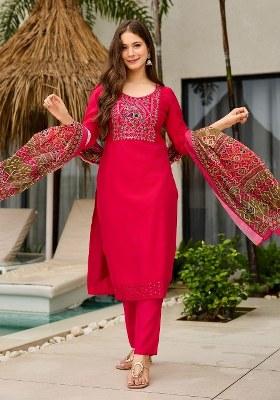 Pink Embroidered Blended Kurta Set