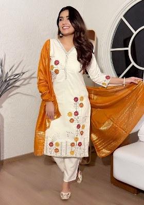 Beige Embroidered Blended Kurta Set