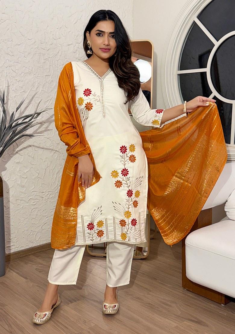 Beige Embroidered Blended Kurta Set - Indya