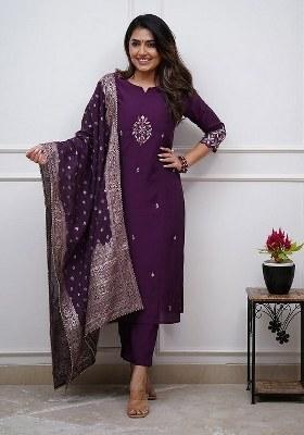 Purple Embroidered Blended Kurta Set