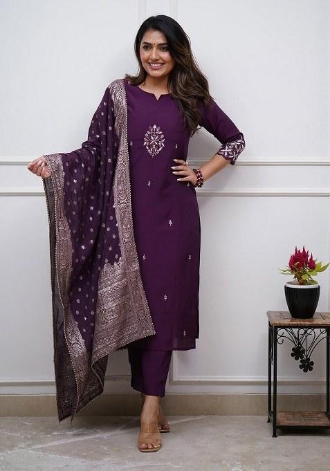 Purple Embroidered Blended Straight Kurta Set