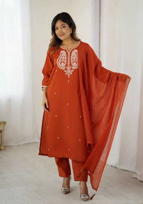 Orange Embroidered Blended Kurta Set