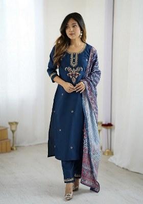 Blue Embroidered Blended Kurta Set