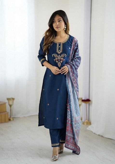 Blue Embroidered Blended Kurta Set