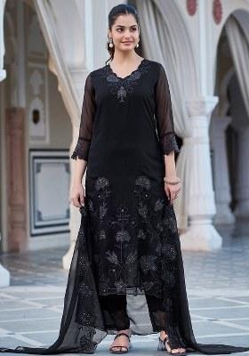 Black Embroidered Blended Kurta Set