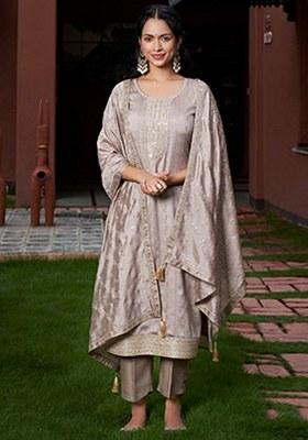 Purple Embroidered Blended Kurta Set