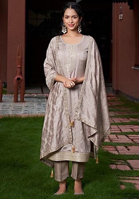 Purple Embroidered Blended Kurta Set