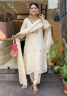 Beige Embroidered Blended Kurta Set