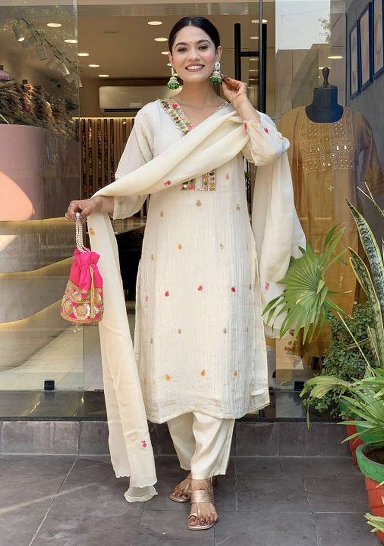 Beige Embroidered Blended Straight Kurta Set - Indya