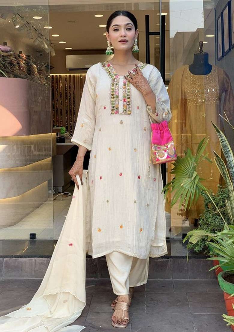 Beige Embroidered Blended Straight Kurta Set - Indya
