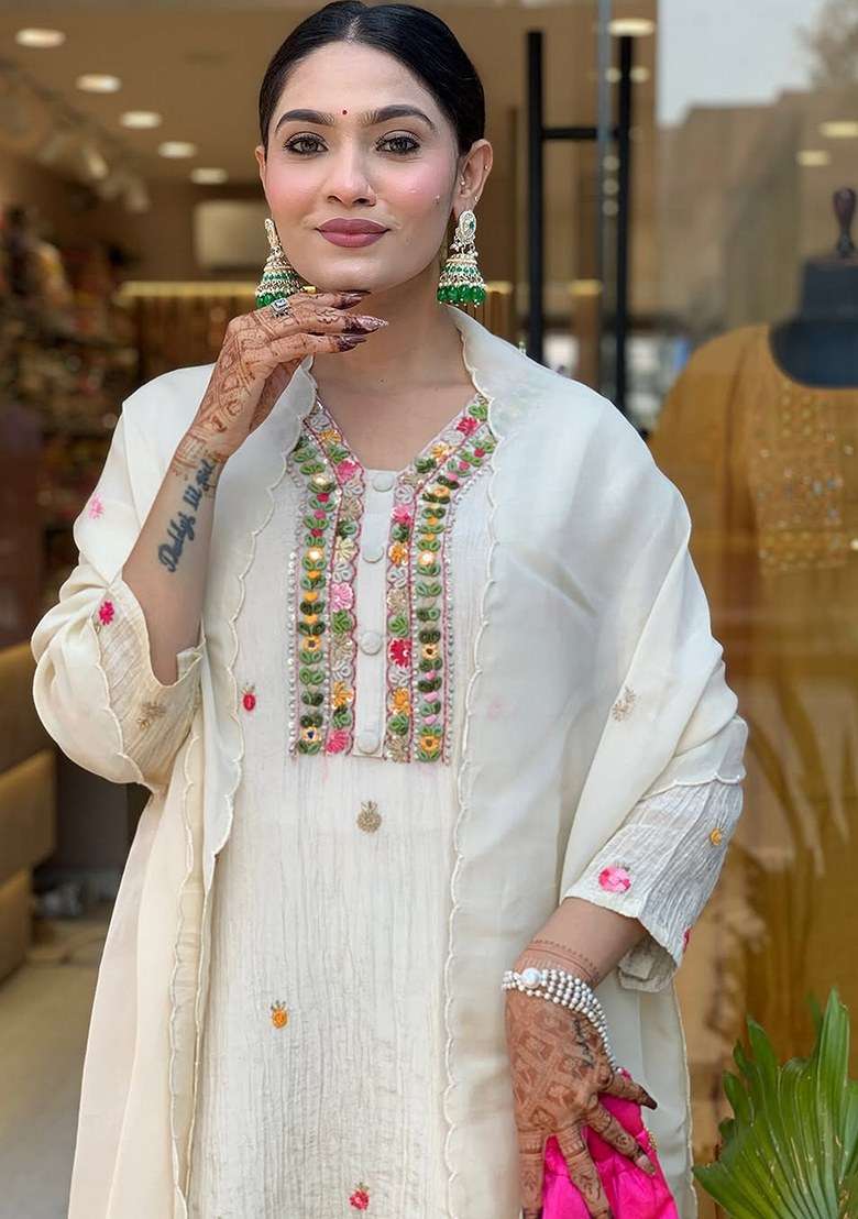 Beige Embroidered Blended Straight Kurta Set - Indya