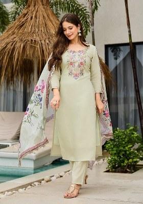 Green Embroidered Blended Kurta Set