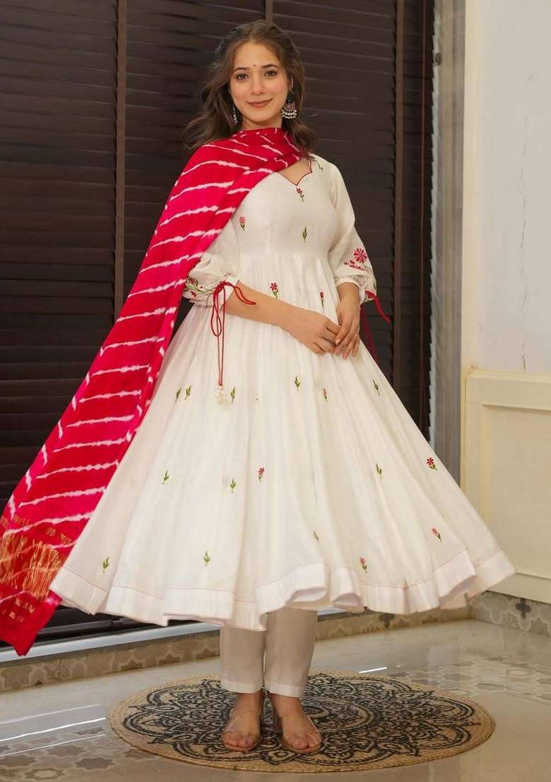 Beige Embroidered Blended Anarkali Set - Indya