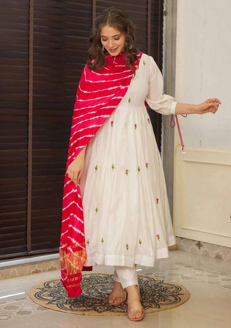 Beige Embroidered Blended Anarkali Set - Indya