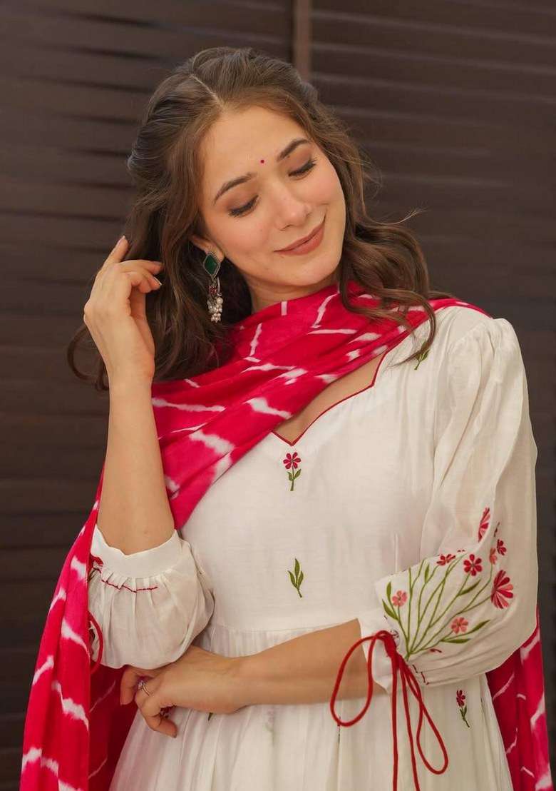 Beige Embroidered Blended Anarkali Set - Indya