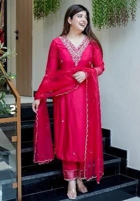 Pink Embroidered Blended Kurta Set
