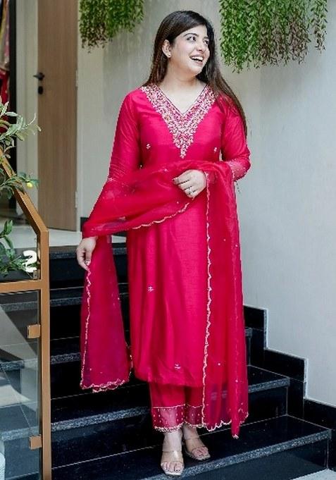 Pink Embroidered Blended Kurta Set