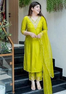 Yellow Embroidered Blended Kurta Set