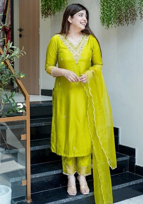 Yellow Embroidered Blended Kurta Set