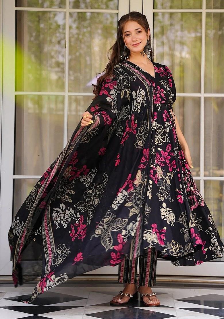 Black Embroidered Muslin Kurta Set - Indya