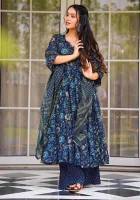Blue Embroidered Muslin Kurta Set